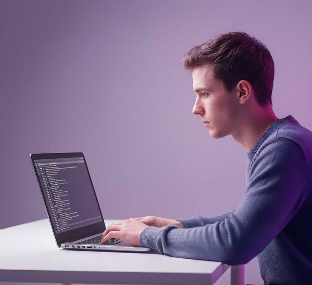 Young man writing code on laptop